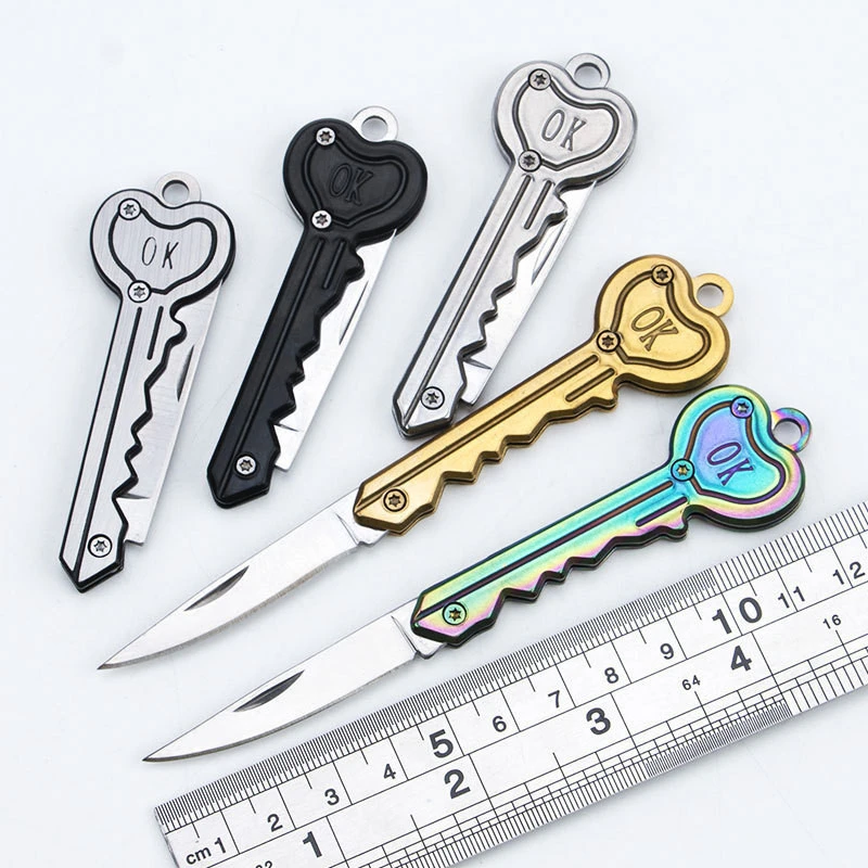 Outdoor Mini Stainless steel Foldable Self defense Key knife keychain heart