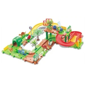 Plastic Wholesale Electric Building Blocks Car Set Mini Track Train Dinosaur Slot Toy With Bridge Led Light Electronic Kid Toys