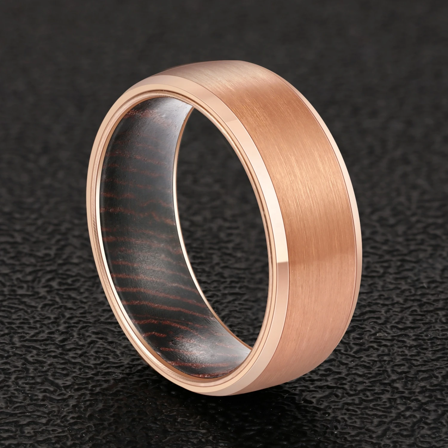POYA 8mm Rose Gold Tungsten Ring Beveled Edges Mens Wedding Band Inlay Wenge Wood Comfort Fit