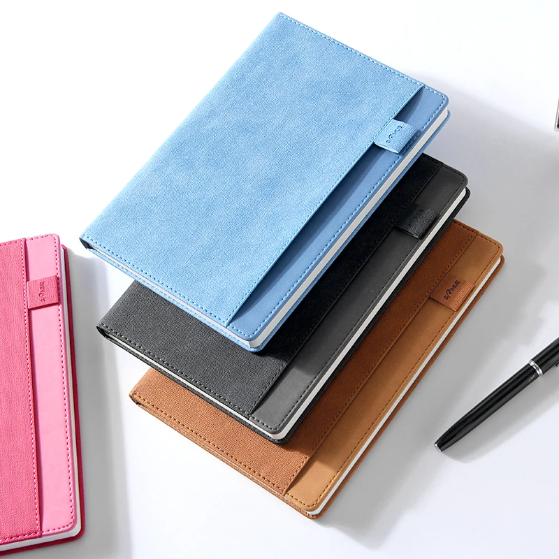 pu leather hard cover office writing notebook with pen holder pocket
