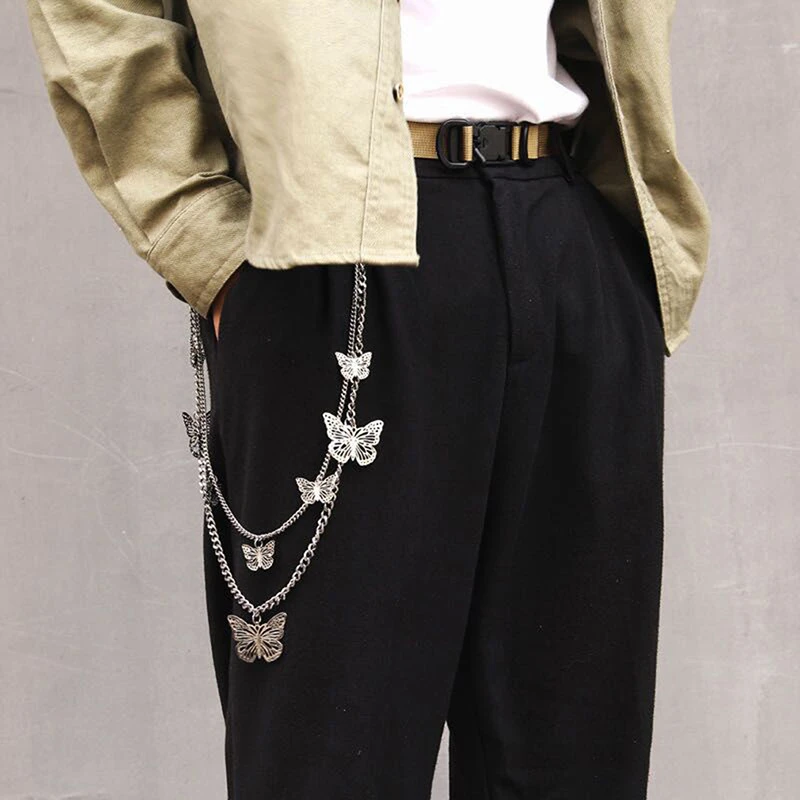 Punk Streetwear Butterfly Biker Chain Jeans Pants Fashion Women Key Chain Belt Double Layers Trousers Chain For Men Women