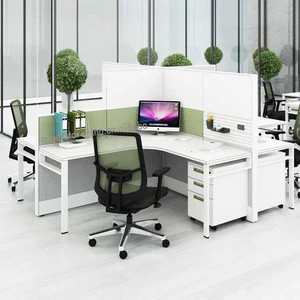 QS-OW-X70C03 Modern L-shape cluster of 4  office workstation with divider screen 4 person office partition