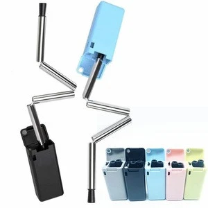 Reusable Food Grade Silicone Collapsible Straw With Case silicone straw tips Folding Drinking Straw Stainless Steel