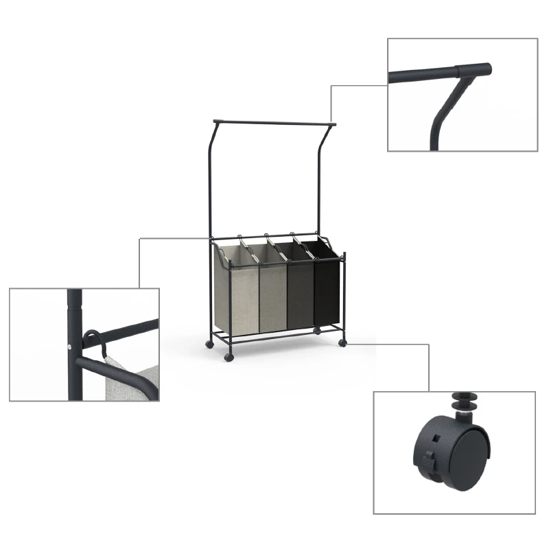 Rolling Laundry Sorter, 4 Heavy-Duty Bag Laundry Cart with Removable Hanging Bar