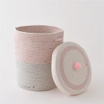 Round Cotton Rope Handle Storage Basket With Lid