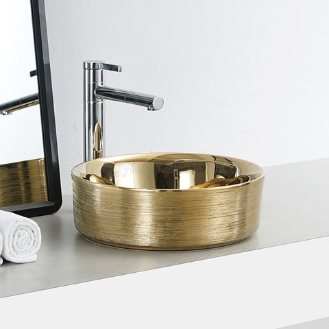Round golden plated luxury ceramic sanitary wares table counter top washbasin bathroom sink art basin gold face hand wash basin