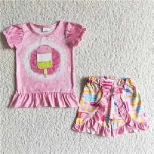 RTS Girls Fashion Set Summer Two Piece Ice  Pattern Design Boutique Clothing Two Piece Short Sleeve Shorts Girls