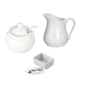 Set of 3 Porcelain White Creamer and Sugar Bowl Plus Sweetener Packets Holder