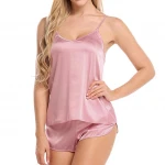 Sexy satin pajamas set V-neck lace suspenders home casual wear women pajamas