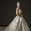 Simple white satin bridal gowns ball gown long train wedding dress