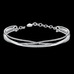 SJ New Product Delicate Copper Hollow Silver Plating Cubic Zirconia Rope Braided Women Adjustable Bangle Bracelet