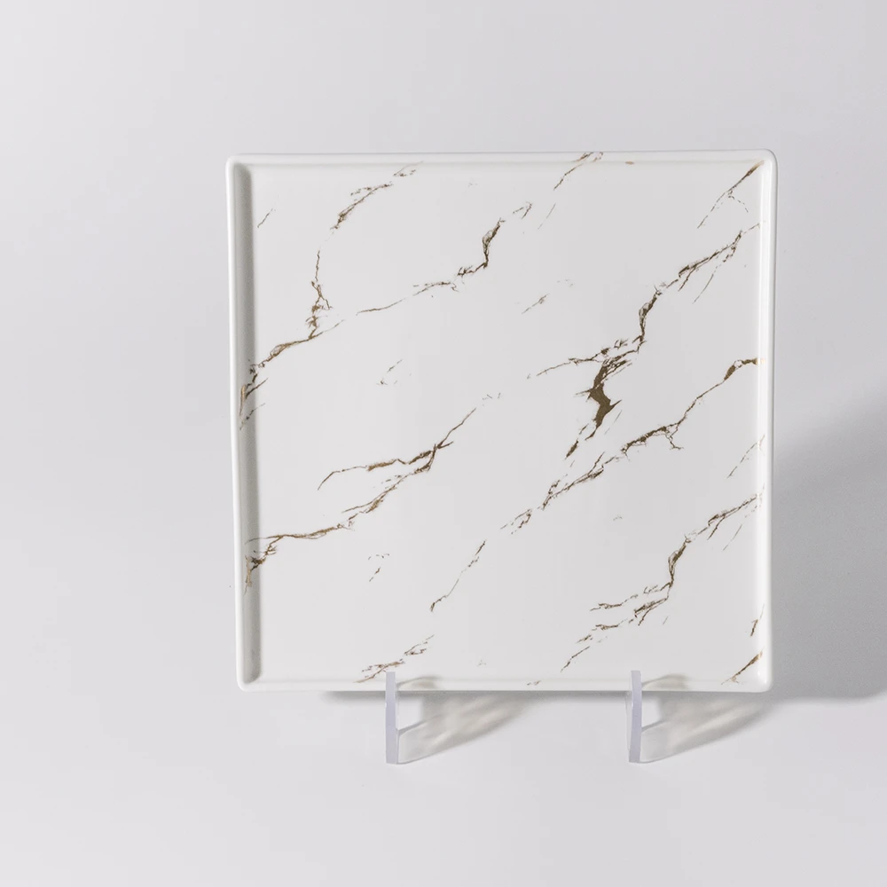 Square white color ceramic plate with gold marble design plates, Black gold plate/