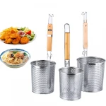 Stainless Steel Wooden Handle Frying Basket Strainer Dumplings Noodles Cooking Colanders Chef Basket Kitchen Sink Strainer Tools