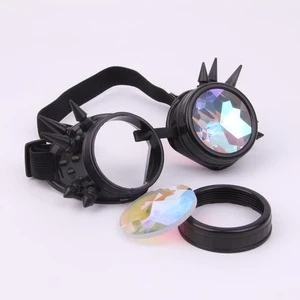 Steampunk goggles with Crystal lenses, PC frame OEM round glasses kaleidoscope goggles