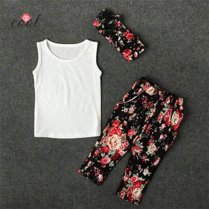 Wholesale childrens boutique clothing baby clothes girl 3pcs clothes set with sleeveless T shirt tank top + flower pant + band