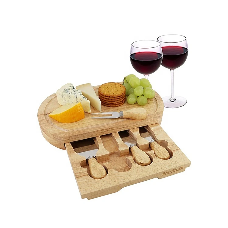 Wholesale Custom Reusable Naturel Round Bamboo Wooden Cheese Cutting Board And Knife Set