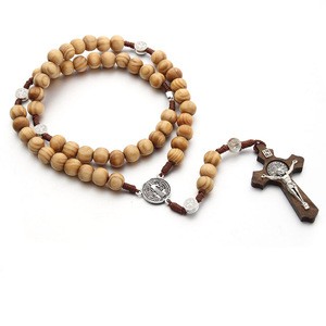 Wholesale  European And American Round Wooden Beads Handmade Thread Weaving Catholic Christianity Cross Rosary Beads Necklace