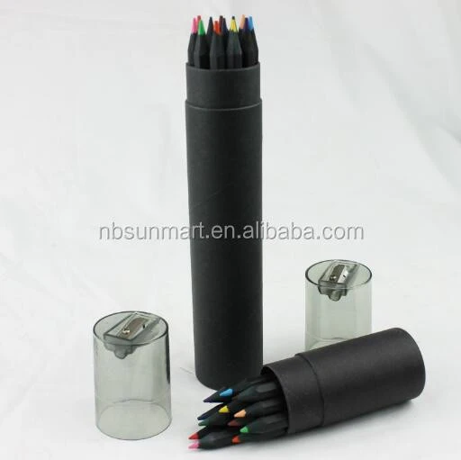 Wholesale high quality 12 colors colored black 3.0mm lead HB/2B 7inch wood pencil with sharpener black kraft barrel packing