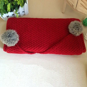 Winter fashion knitted women scarf with genuine rabbit fur pompom