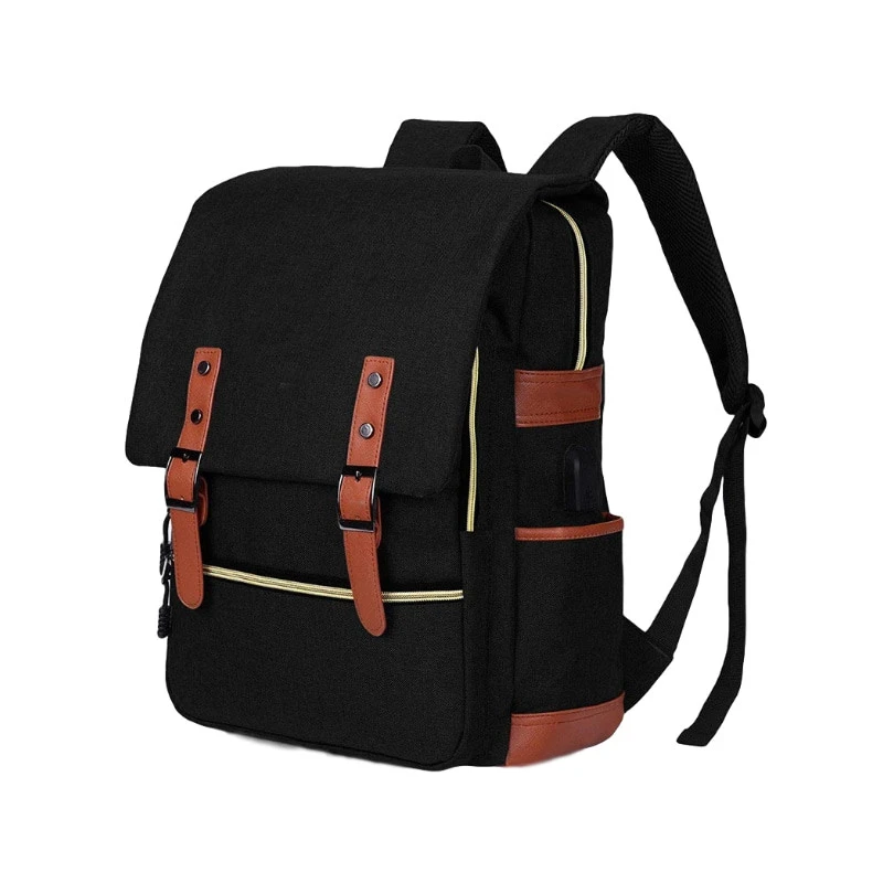 Women Men College Backpack Vintage Laptop Backpack with USB Charging Port Waterproof Bookbag Business Travel Daypack Polyester