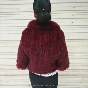 Women real fur Cape Knitted Mink Fur poncho with fox fur trim