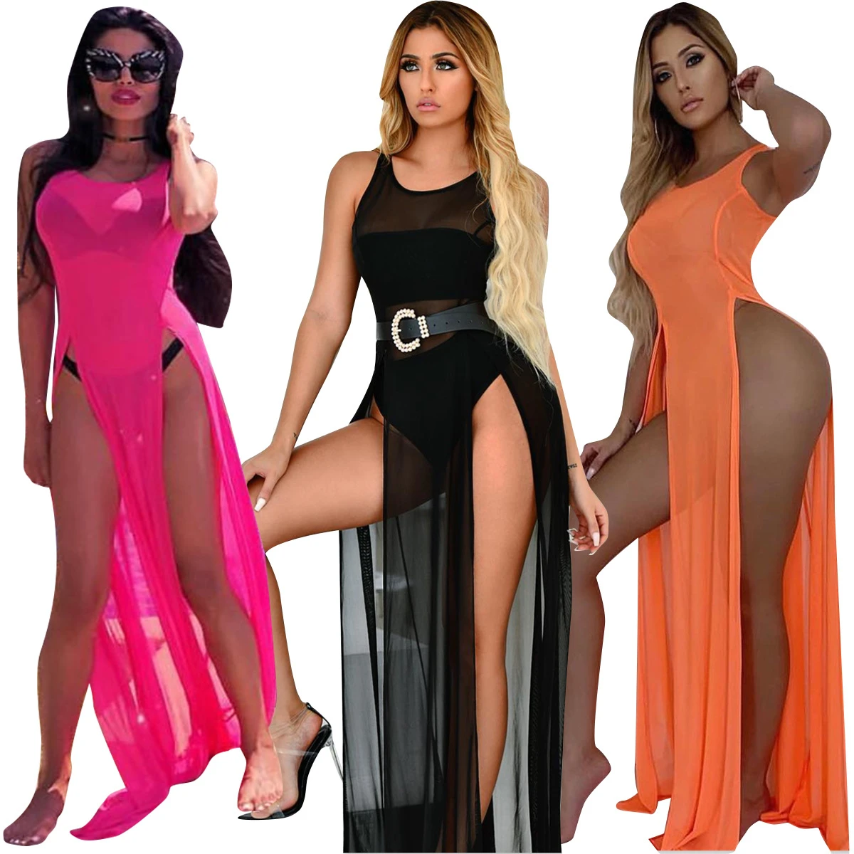 womens casual Summer Shoulder Strap Mesh See-through dress Sleeveless Long Sexy Dresses beach skirts two sets