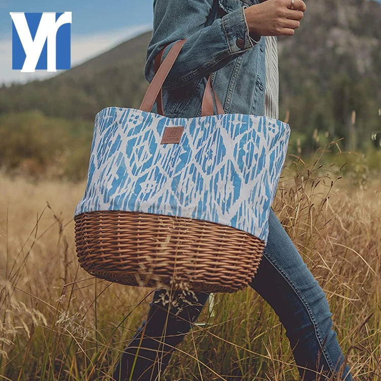 YRMT custom collapsable food storage willow wicker+fabric outdoor convenient picnic bag