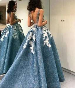 2018 Dusty Blue High Low Lace Prom Dresses Ball Gown Open Back Floral Sexy Evening Gown