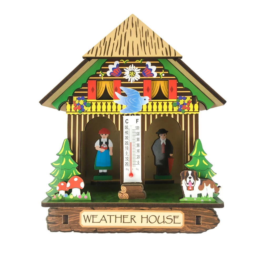 2019 New design cheap weather house with thermometer, 3D wooden craft, gift and souvenir black forest barometer