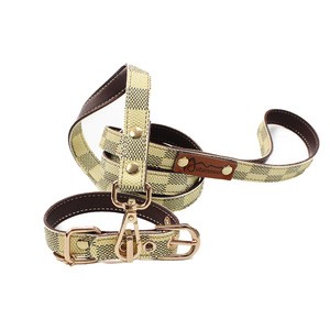 2020 Fashion Factory Hot Selling Tear Proof Durable Luxury Custom Leather Dog Pet Collar and Leash With Golden Tag
