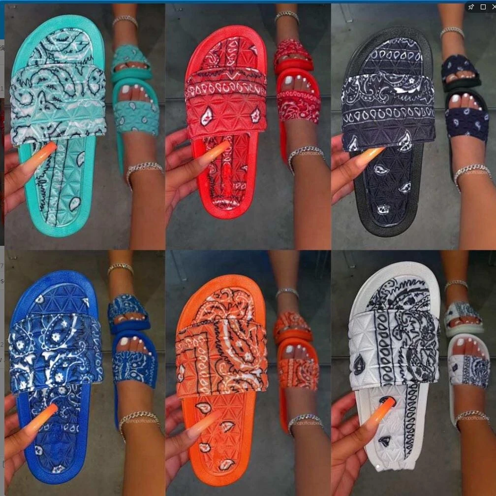 2021 New Stylish Multicolor Printing Flat Bandana Sandals Fashion Open-Toe Comfortable Slides Slippers for Women