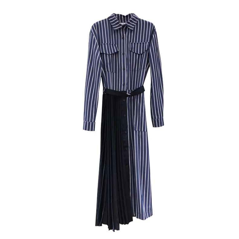 2021 Spring New Fashion Womens Striped Dress Stitching Pleated Shirt Dress
