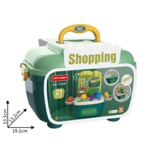 21Pcs 2 In 1 DIY Play House Toy Kids Shopping Table Little Mall Suitcase Little Cashier Supermarket Shopping Toys
