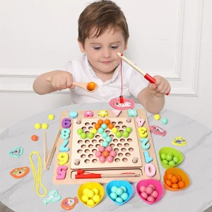 4 In 1 Clip Puzzle Game Fishing Toys Bead Threading Digital Math Learning Wooden Board Puzzle Educational Toy for Kids Preschool