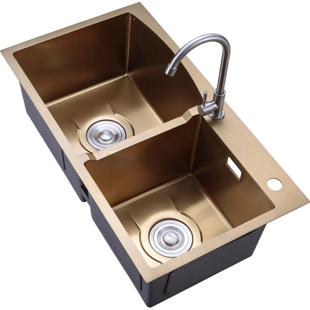 8045 High Grade Material stainless steel double bowl sink hand made  basin gold nano black kitchen sink
