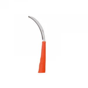 A steel sickle with a short plastic handle and a handy mowing scimitar