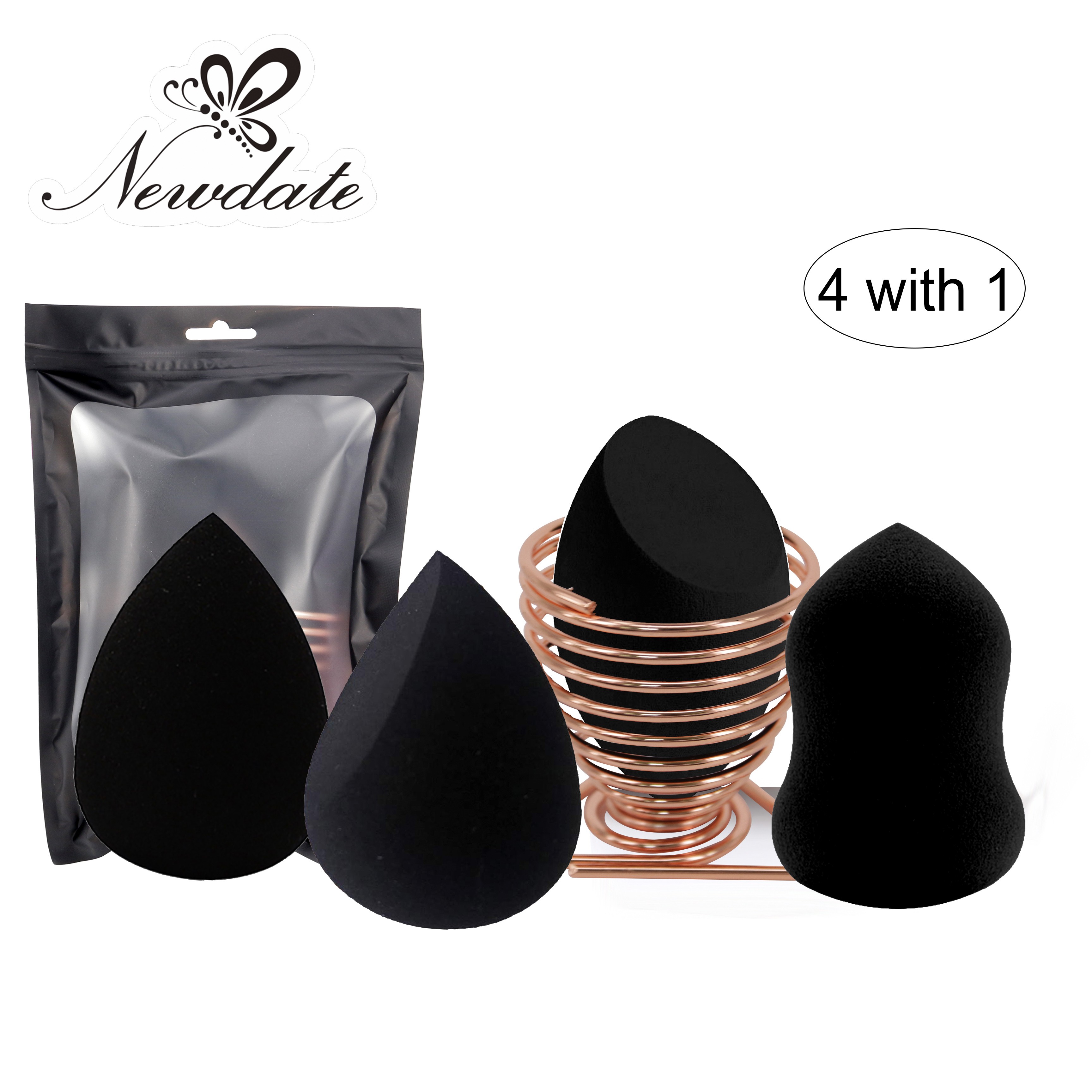 Amazon Hot Selling 4 With 1Accept Customized logo Metal Rose Gold Sponge Holder Black Makeup Cosmetic Tools Puffs Sponge Set