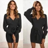 Amazon Winter Pullover Long Sleeve V neck Belted Robe Pull Sexy Women Knit Sweater Dress