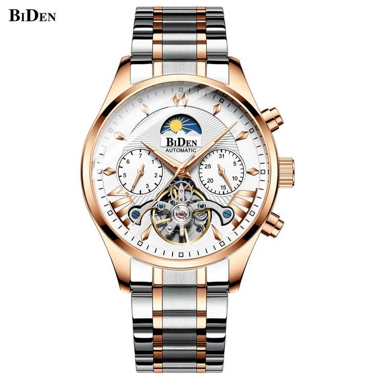 BIDEN 0189 Luxury Brand Men Watches Automatic Mechanical Moon Phase Auto Date Fashionable Mens Wrist Watch
