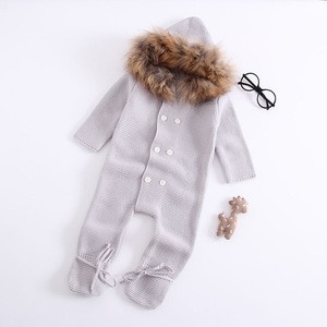 BR89 Wholesale Hooded Baby Boy Girl Winter Coat Rompers Clothing  Outwear Cute Knitted Baby romper
