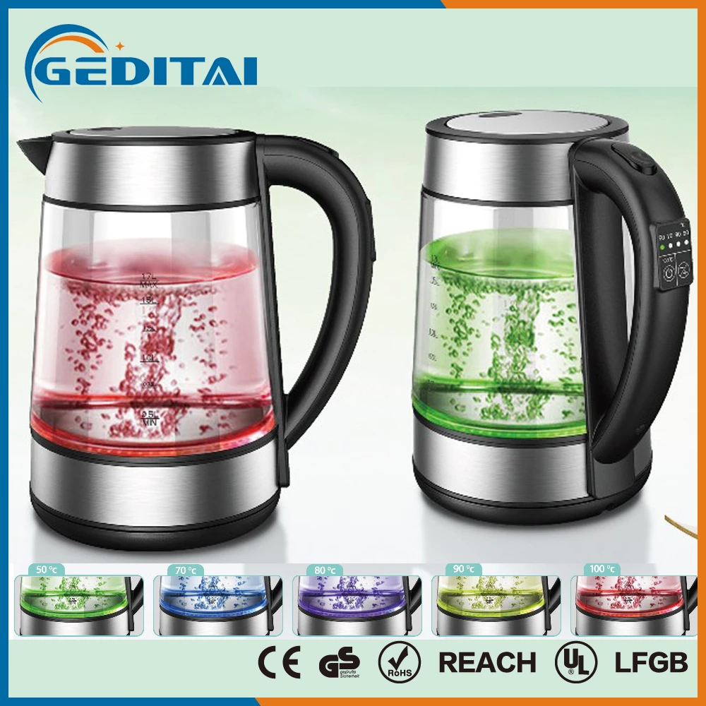 CE GS approval 5 color LED light change 1.7L Cordless electric glass kettle