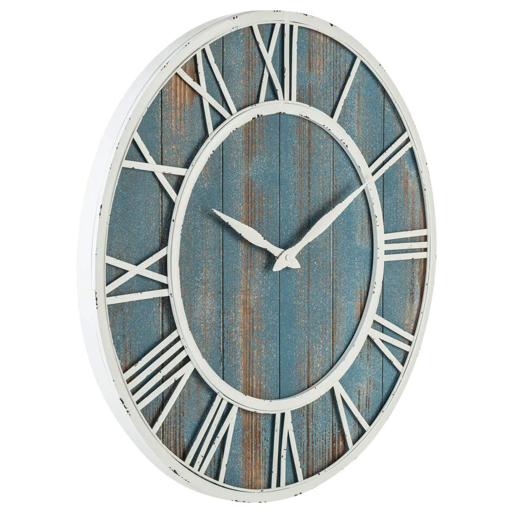 Coastal Wall Clock - Metal &amp; Solid Wood Noiseless Weathered Beach Blue Wall Clock (Coastal Blue, 24-inch)