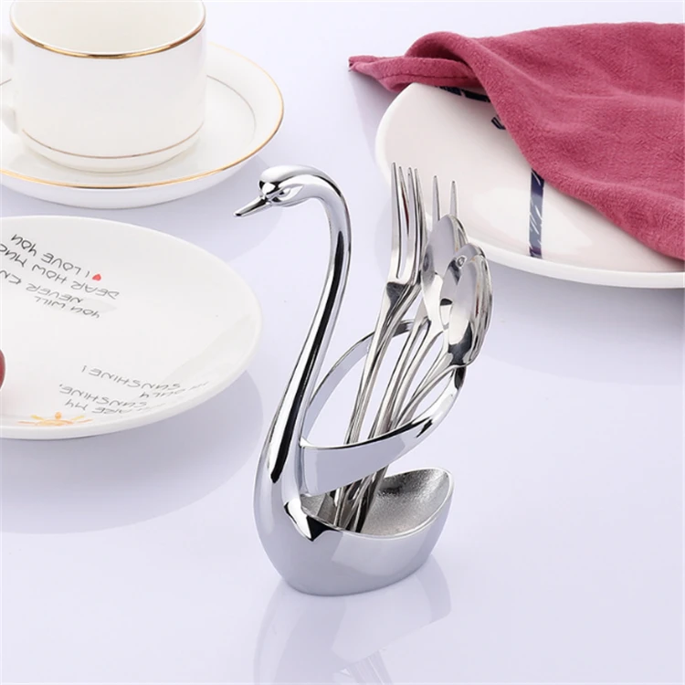 Color Box Packing Kitchen Zinc Alloy Swan Holder Stainless Steel Spoon and Fork Set