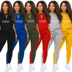 Custom Casual Summer Fitness Tracksuits Short Sleeve T Shirt Tops Track Jogger 2 Two Piece Pants Set Clothing Women Trousers