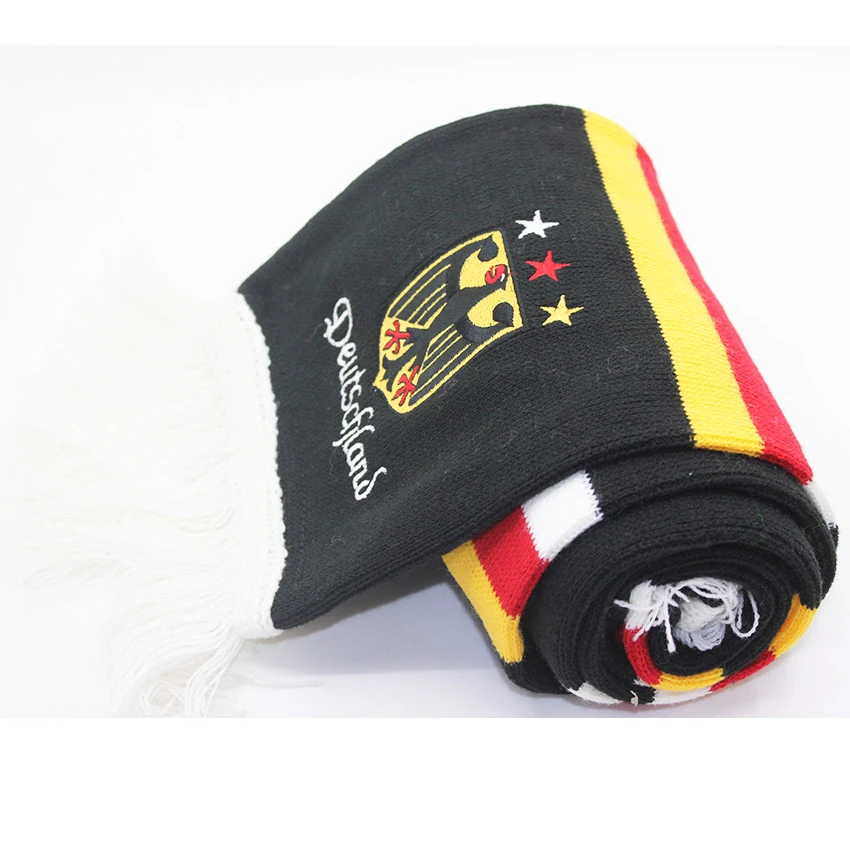 Custom hot selling double knitted pattern acrylic soccer football scarf with custom logo and brand