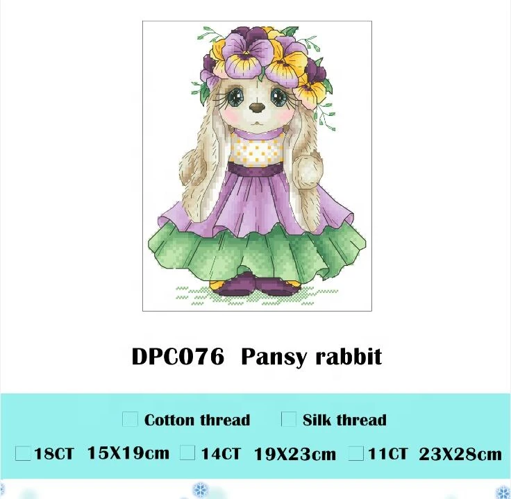 DPC076 Pansy rabbit cross stitch kit package  aida 18ct 14ct 11ct white cloth unprint canvas embroidery DIY handmade needlework