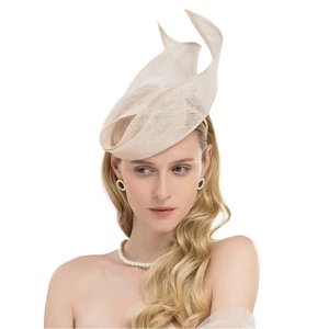 Elegant Beige British Sinamay Fascinator Formal Hat Wedding Kentucky Derby Hats Church Linen Fedoras For Women Ladies Femme