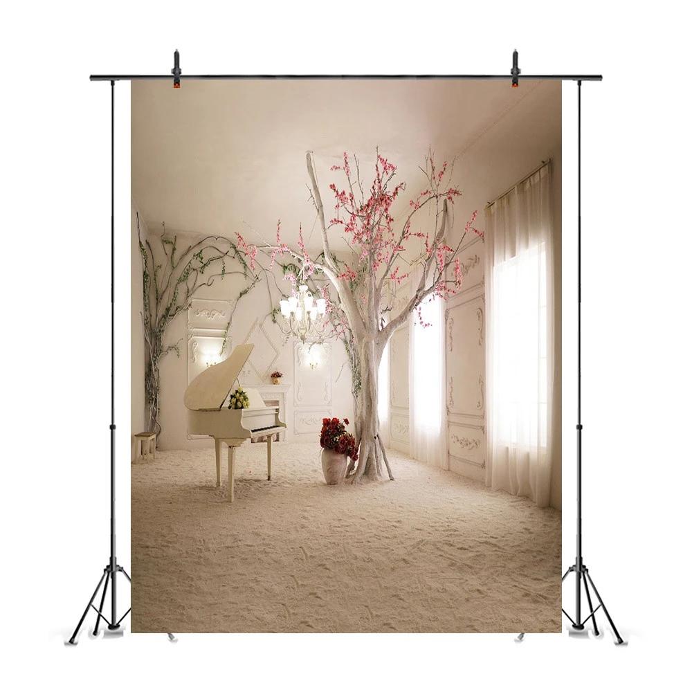 Elegant Indoor Piano Photography Backdrops Pink Tree Wedding Photo Studio Backdrop Cloth Background