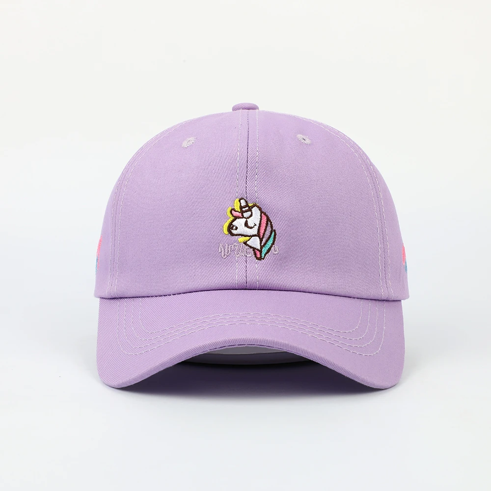 Factory Price Hot Style Purple Unicorn Soft Cotton Unstructured Embroidery Metal Buckle Baseball Hat Dad Cap For Kids