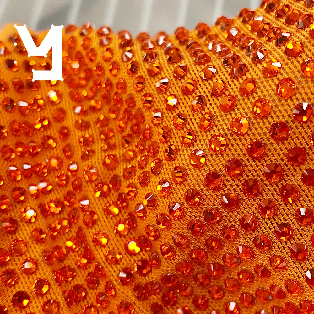Factory Professional Produce High Quality Hotfix Sparkling Orange Diamond  Tulle Mesh With Rhinestone fabric